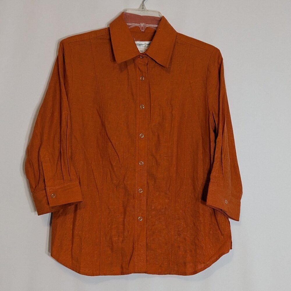 COLDWATER CREEK Linen Blend Orange 3/4 Sleeve Snap Top; Size Petite Small